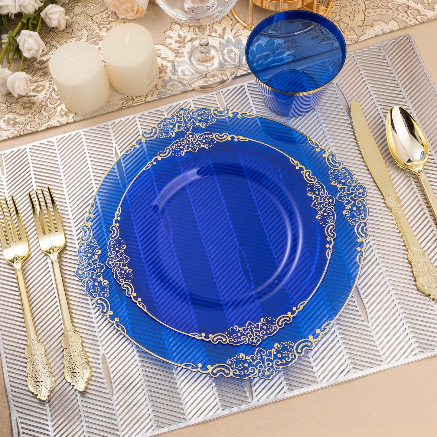 Goodluck Disposable Clear Blue with Gold Rim Plastic Dinnerware Sets