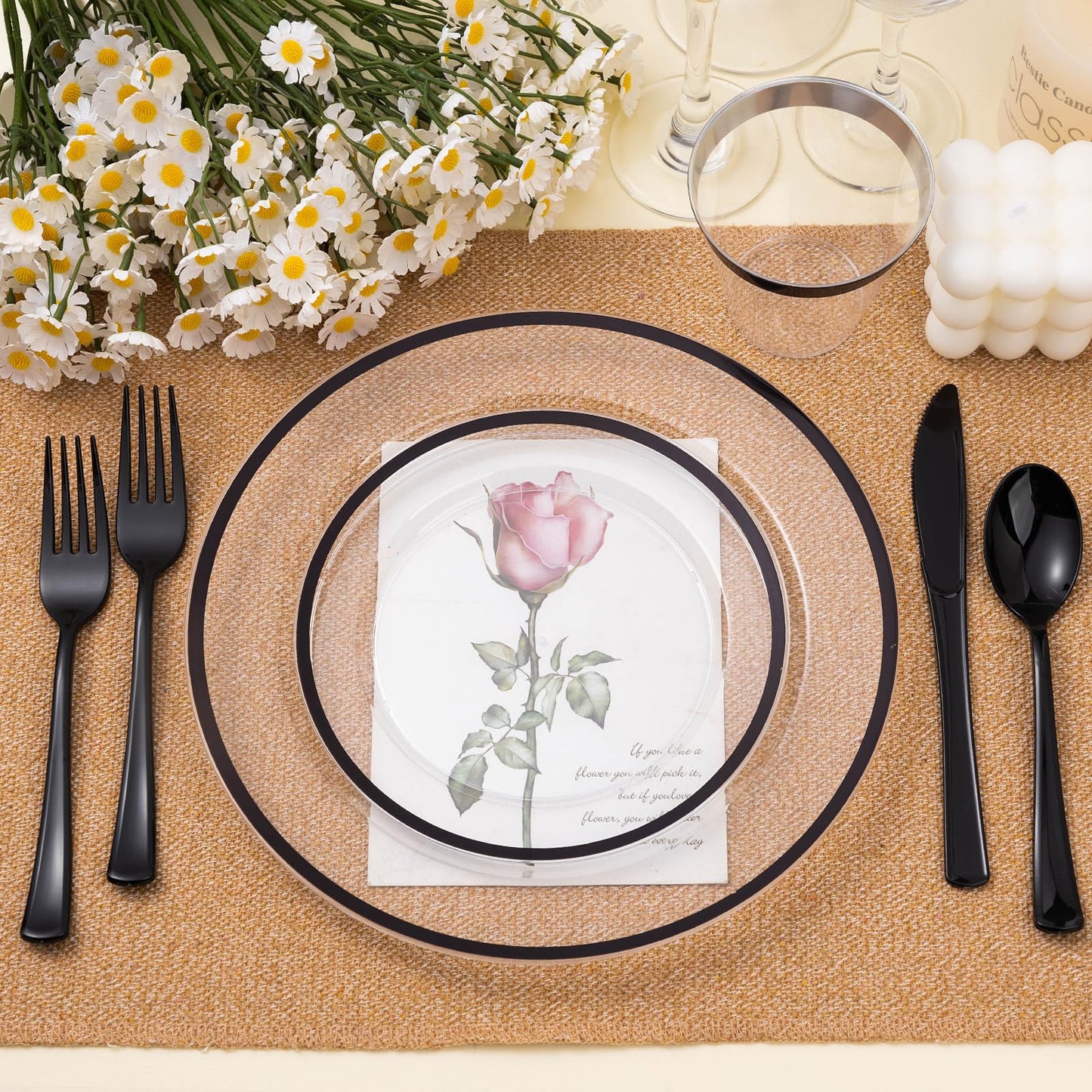 Goodluck Disposable Clear with Black Rim Plastic Plate Set for Parties