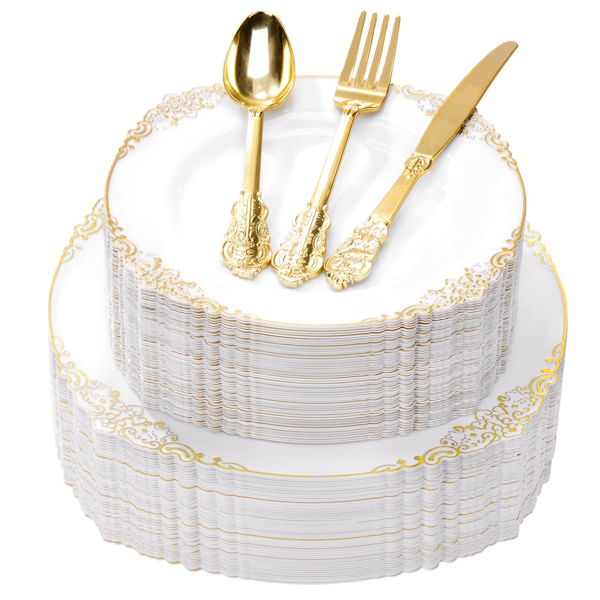 Heavy Duty Elegant Vintage Plastic Plates with Cutlery Set for Wedding, Bridal Shower, Anniversary