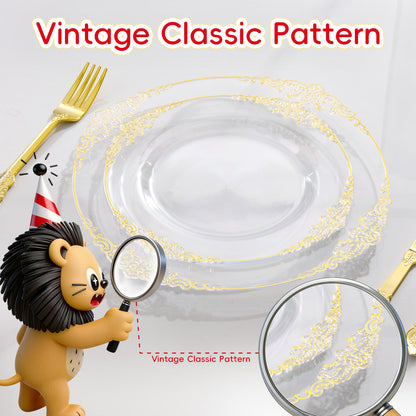 Luxury Look Retro Clear with Gold Rim Dinnerware Set for Party, Wedding