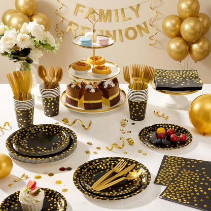 Gold Foil Polka Dot Disposable Party Paper Tableware Set for Birthday, Baby Shower, and Wedding