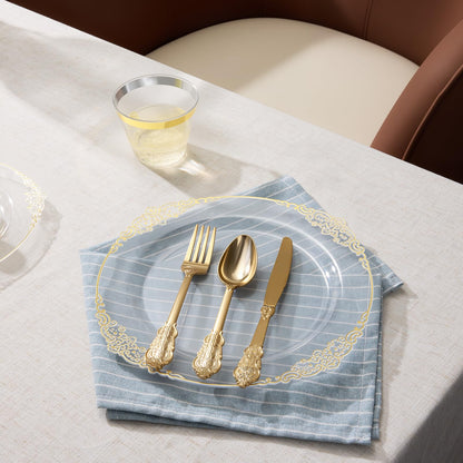 Heavy Duty Elegant Vintage Plastic Plates with Cutlery Set for Wedding, Bridal Shower, Anniversary