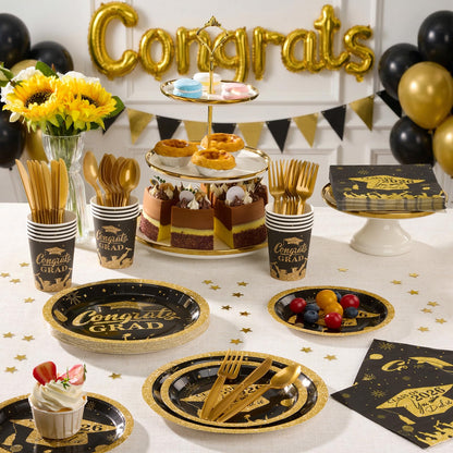 Graduation Party Supplies Include 9" & 7" Disposable Graduation Paper Plates, 9oz Cups, Napkins & Cutlery