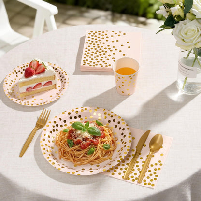 Gold Foil Polka Dot Disposable Party Paper Tableware Set for Birthday, Baby Shower, and Wedding
