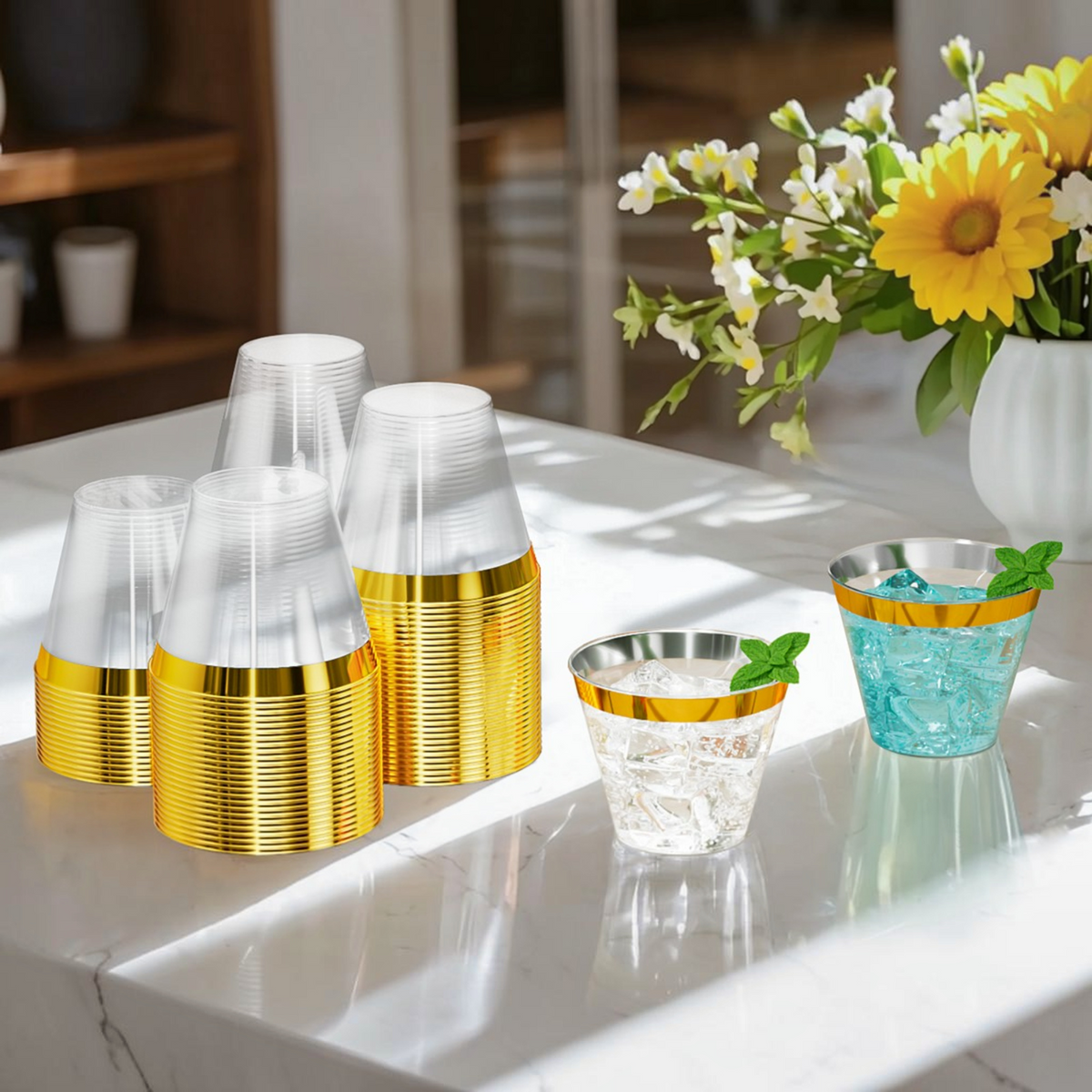 Disposable Gold Rim Plastic Cups for Wedding, Thanksgiving, Christmas, and Parties