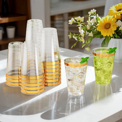 Disposable Gold Rim Plastic Cups for Wedding, Thanksgiving, Christmas, and Parties