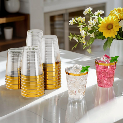 Disposable Gold Rim Plastic Cups for Wedding, Thanksgiving, Christmas, and Parties