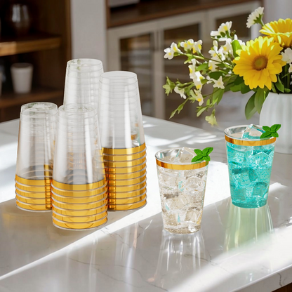 Disposable Gold Rim Plastic Cups for Wedding, Thanksgiving, Christmas, and Parties