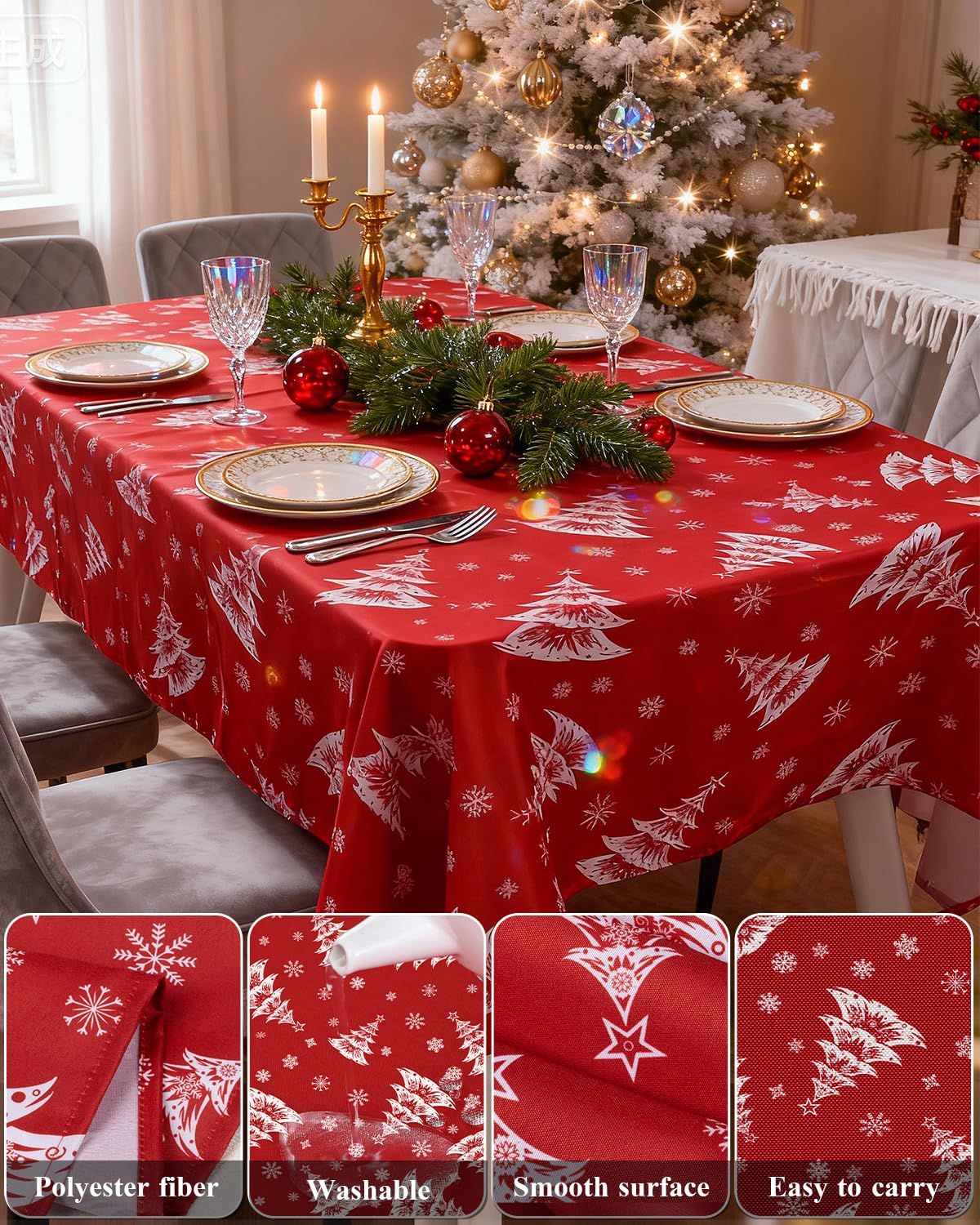 Goodluck Christmas Tablecloth 60x84 Inch Rectangular, Red with White Christmas Tree & Snowflake Design, Polyester Table Cover for Dinner, Parties, Holiday Gatherings, and Event Decor