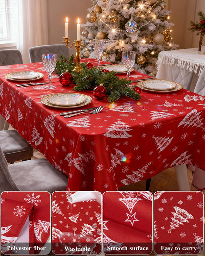 Goodluck Christmas Tablecloth 60x84 Inch Rectangular, Red with White Christmas Tree & Snowflake Design, Polyester Table Cover for Dinner, Parties, Holiday Gatherings, and Event Decor