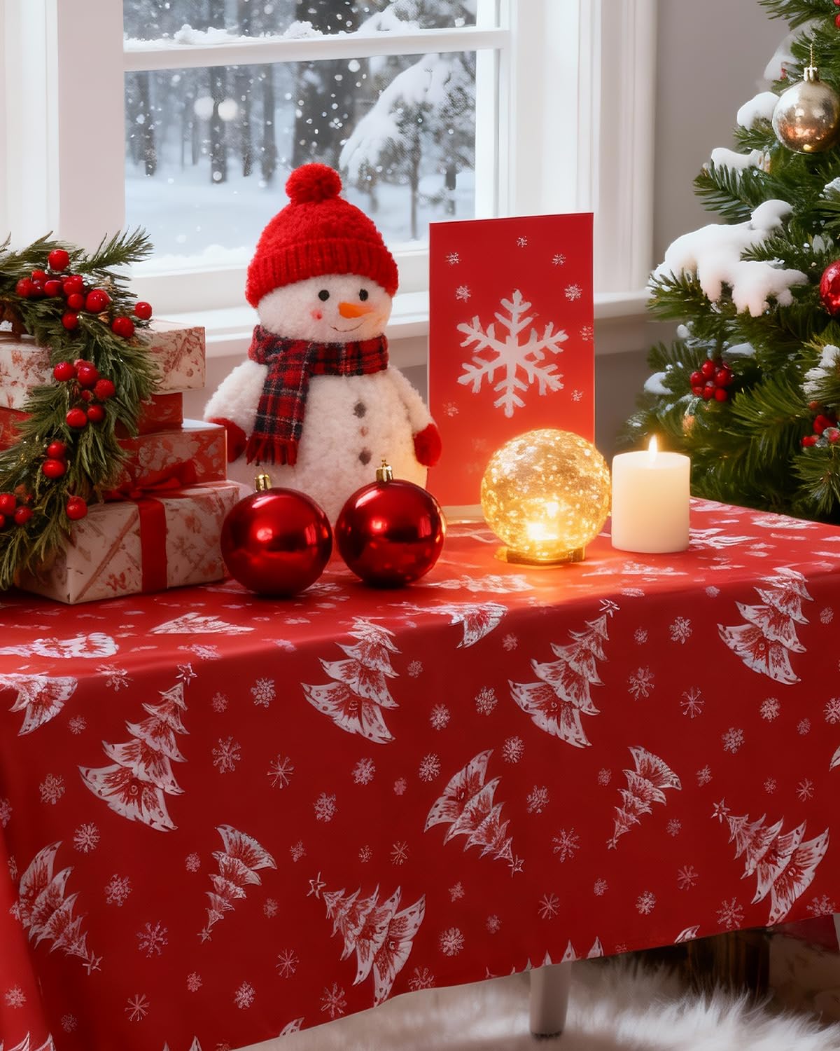 Goodluck Christmas Tablecloth 60x84 Inch Rectangular, Red with White Christmas Tree & Snowflake Design, Polyester Table Cover for Dinner, Parties, Holiday Gatherings, and Event Decor