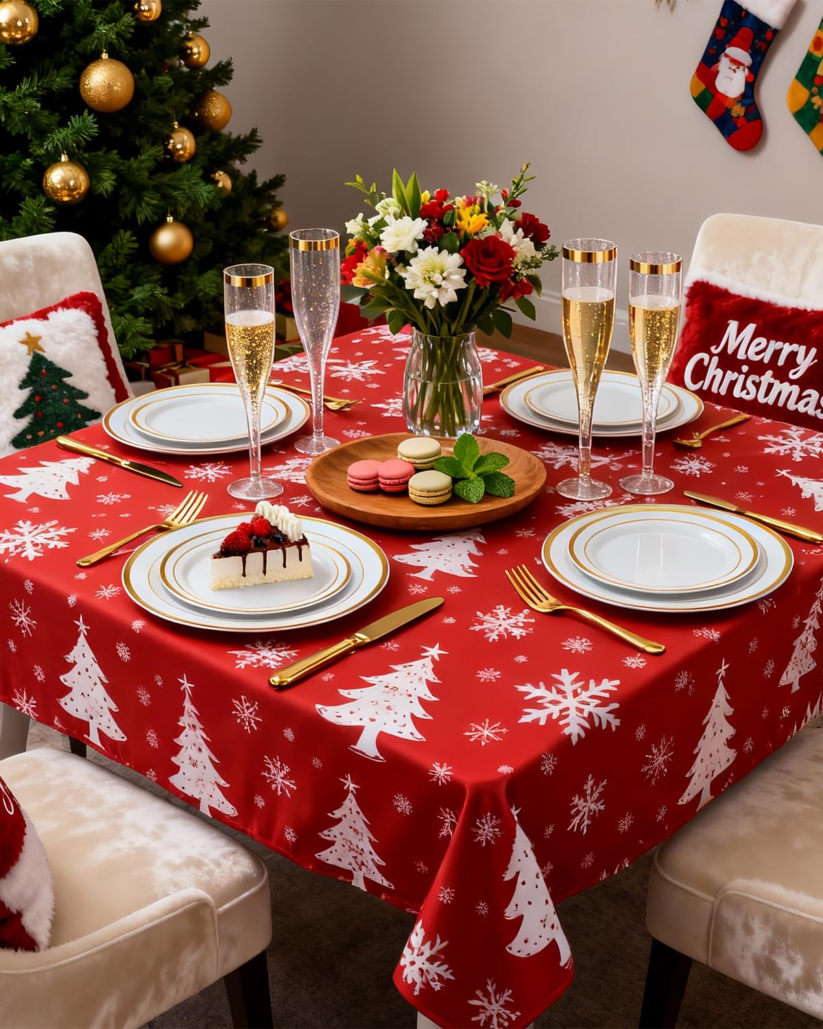 Goodluck Christmas Tablecloth 60x84 Inch Rectangular, Red with White Christmas Tree & Snowflake Design, Polyester Table Cover for Dinner, Parties, Holiday Gatherings, and Event Decor