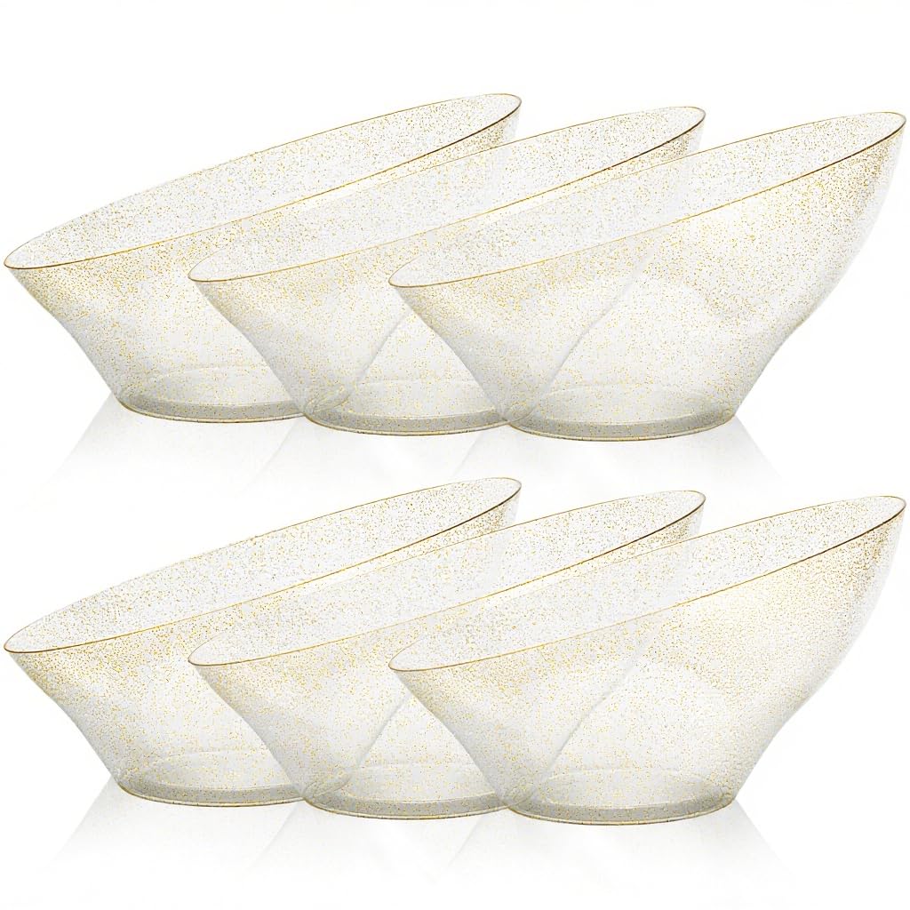 Goodluck 12 Pack 54oz Angled Disposable Clear with Gold Glitter Serving Bowls for Chips, Snacks, Fruit, Salad