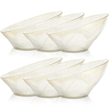 Goodluck 12 Pack 54oz Angled Disposable Clear with Gold Glitter Serving Bowls for Chips, Snacks, Fruit, Salad