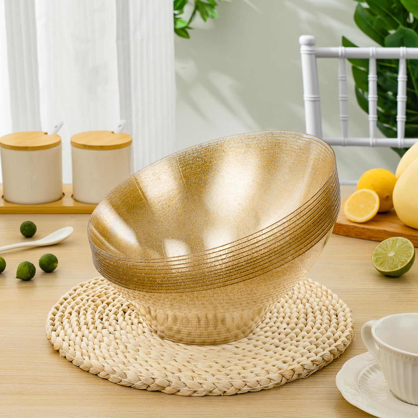 Goodluck 12 Pack 54oz Angled Disposable Clear with Gold Glitter Serving Bowls for Chips, Snacks, Fruit, Salad