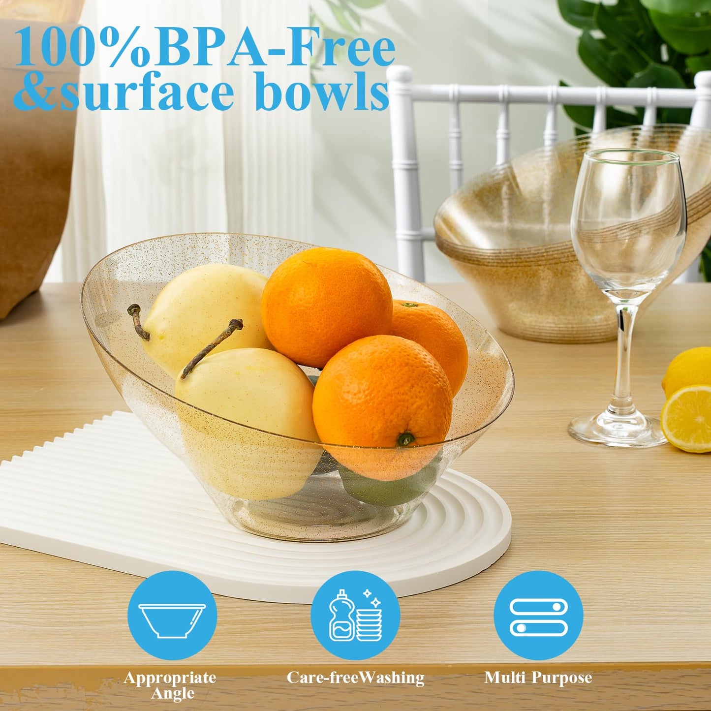 Goodluck 12 Pack 54oz Angled Disposable Clear with Gold Glitter Serving Bowls for Chips, Snacks, Fruit, Salad