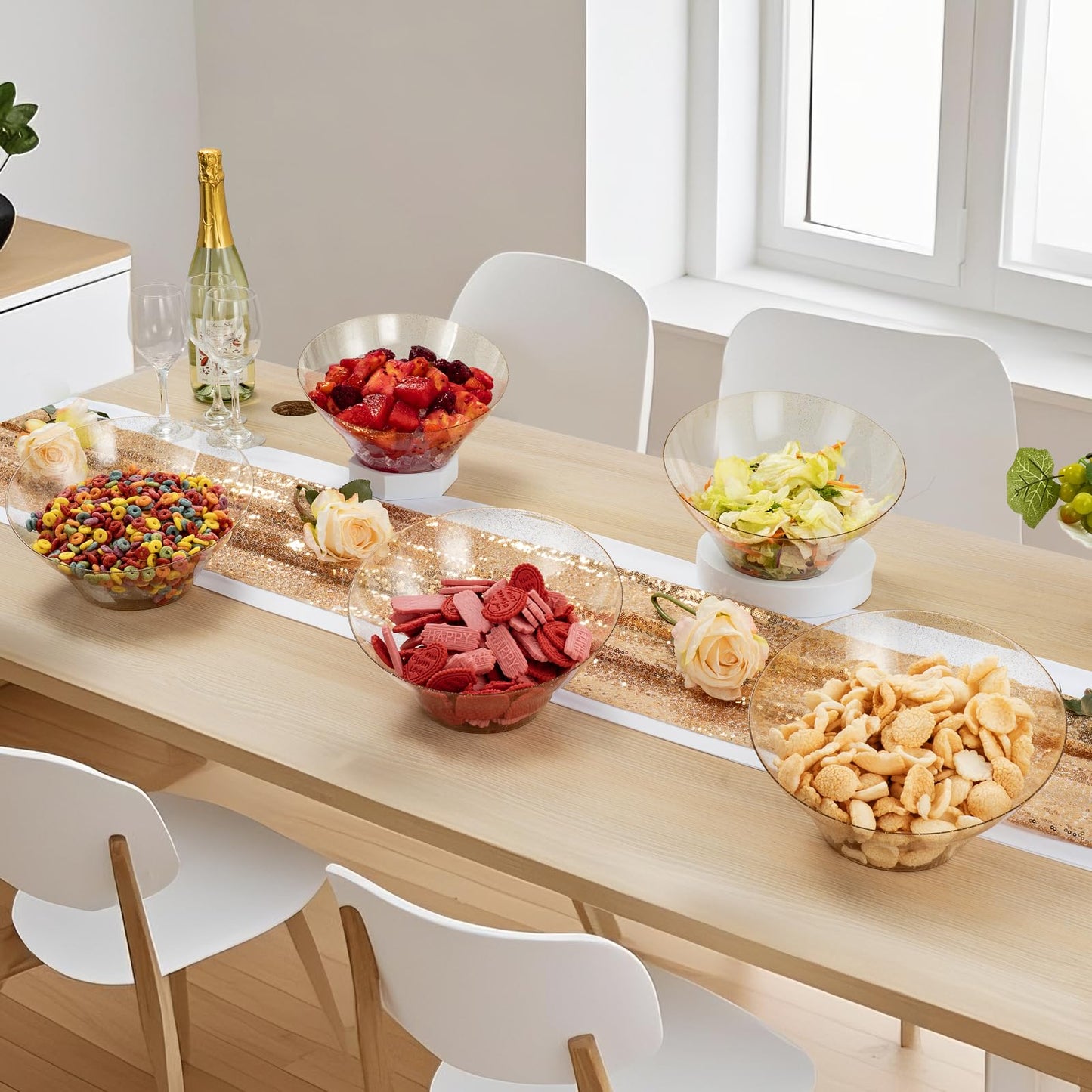 Goodluck 12 Pack 54oz Angled Disposable Clear with Gold Glitter Serving Bowls for Chips, Snacks, Fruit, Salad