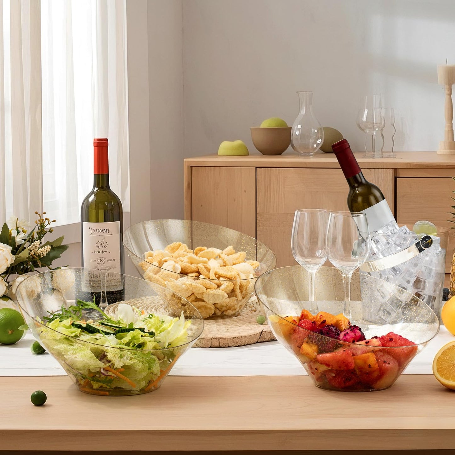 Goodluck 12 Pack 54oz Angled Disposable Clear with Gold Glitter Serving Bowls for Chips, Snacks, Fruit, Salad