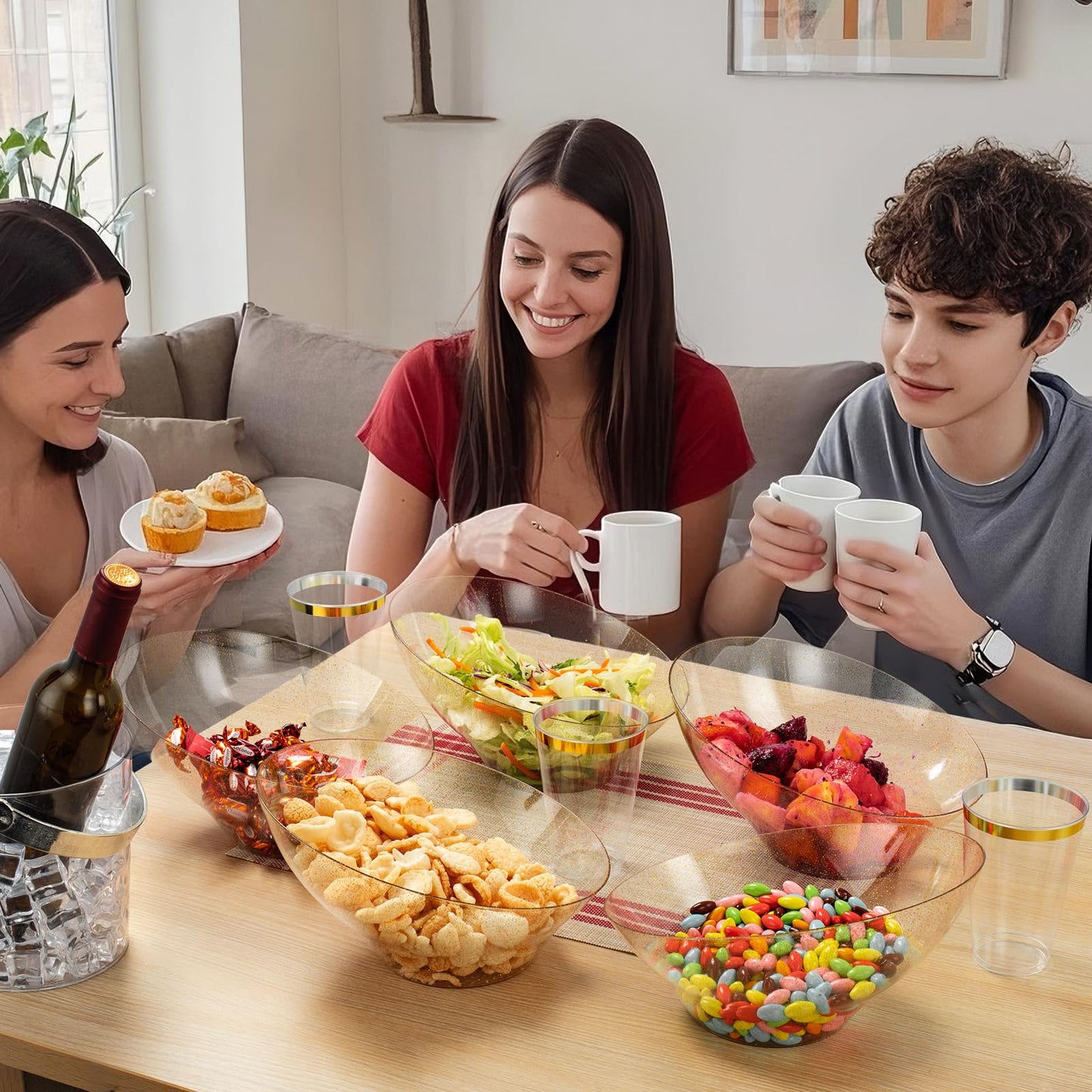 Goodluck 12 Pack 54oz Angled Disposable Clear with Gold Glitter Serving Bowls for Chips, Snacks, Fruit, Salad