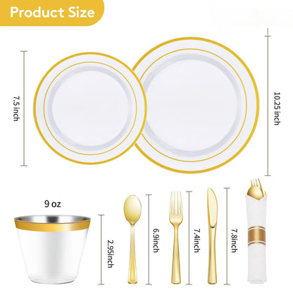 Goodluck Disposable White with Double Gold Rim Pre-Rolled Napkins Plastic Dinnerware Set
