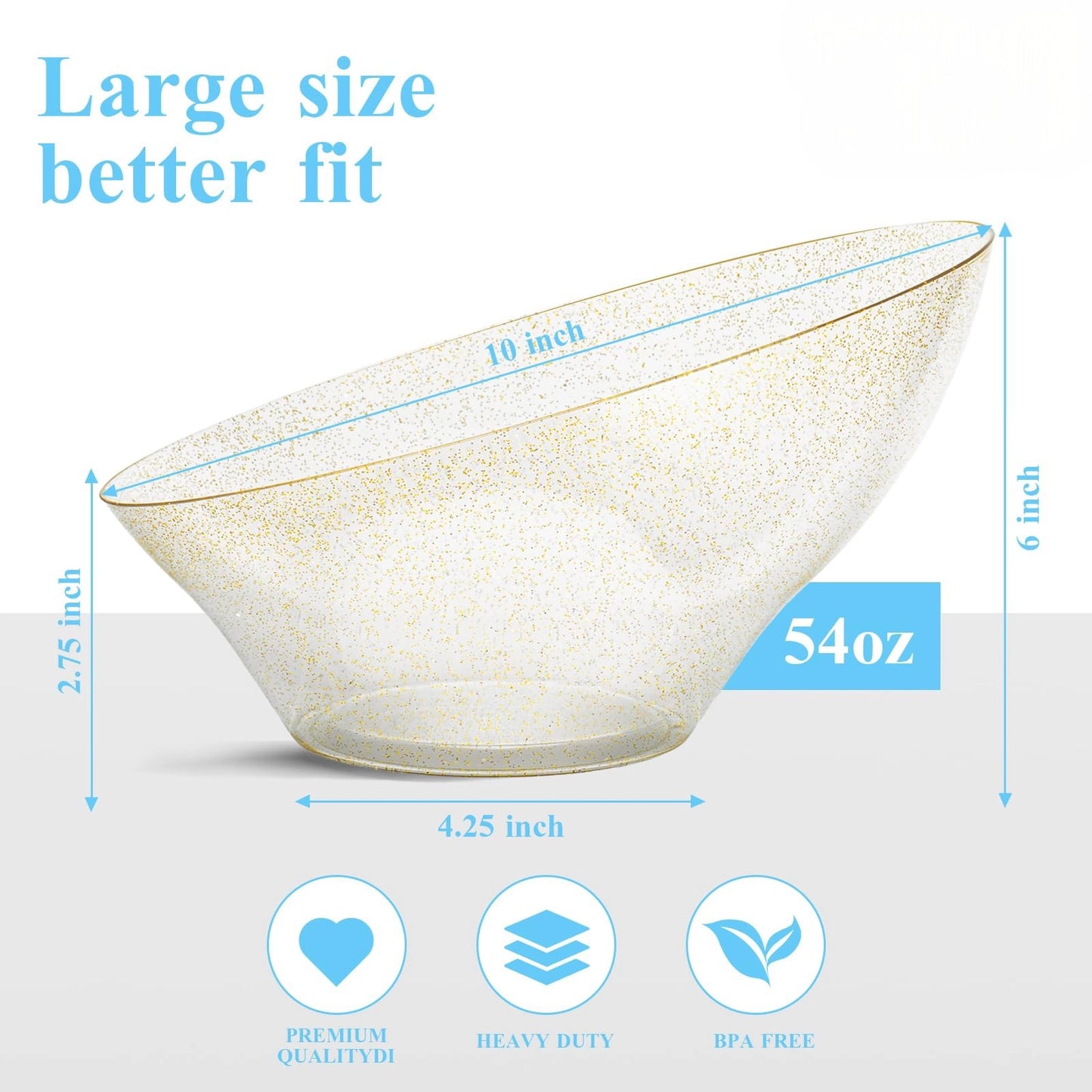 Goodluck 12 Pack 54oz Angled Disposable Clear with Gold Glitter Serving Bowls for Chips, Snacks, Fruit, Salad