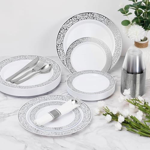 Goodluck 350pcs Disposable Lace Silver Plastic Dinnerware Set for 50 Guests