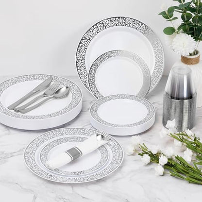 Goodluck 350pcs Disposable Lace Silver Plastic Dinnerware Set for 50 Guests