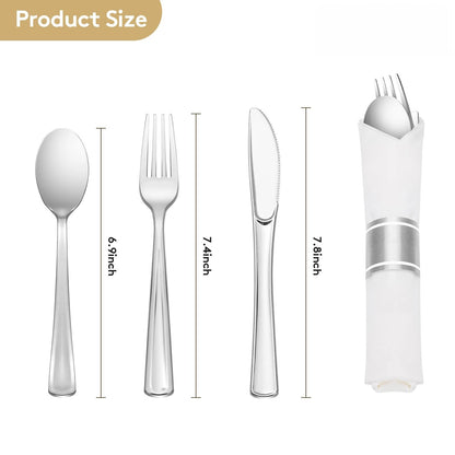 Goodluck Fancy Disposable Pre-Rolled Silver Plastic Silverware for Party, Wedding