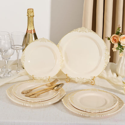 Heavy Duty Elegant Vintage Plastic Plates with Cutlery Set for Wedding, Bridal Shower, Anniversary