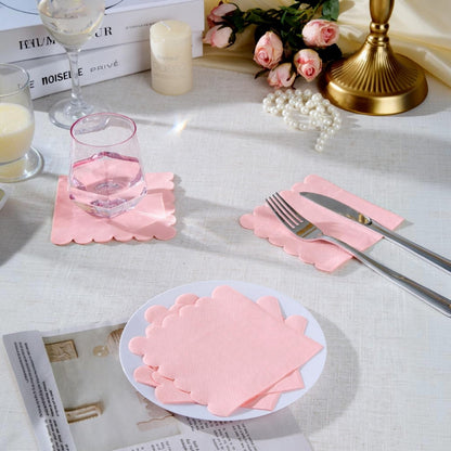 100-Pack 2-Ply 5 x 5 Inches Scalloped Disposable Napkins for Wedding, Birthday, Valentine's Day, and Baby Christening Party Decorations