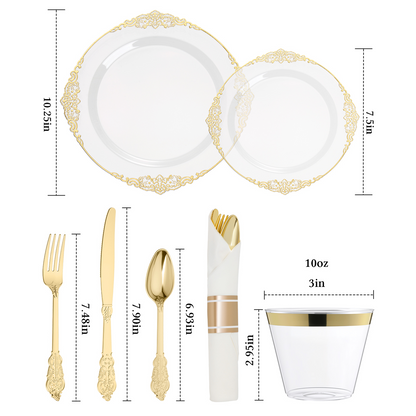 Goodluck 350PCS Disposable Clear with Gold Rim Plastic Dinnerware Sets for 50 Guests
