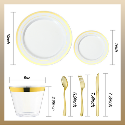 Goodluck Disposable White with Double Gold Rim Dinnerware Set