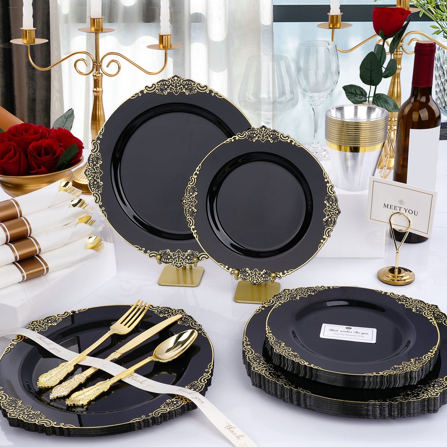 Vintage Luxury Disposable Tableware with Gold Pattern Rim For Graduation
