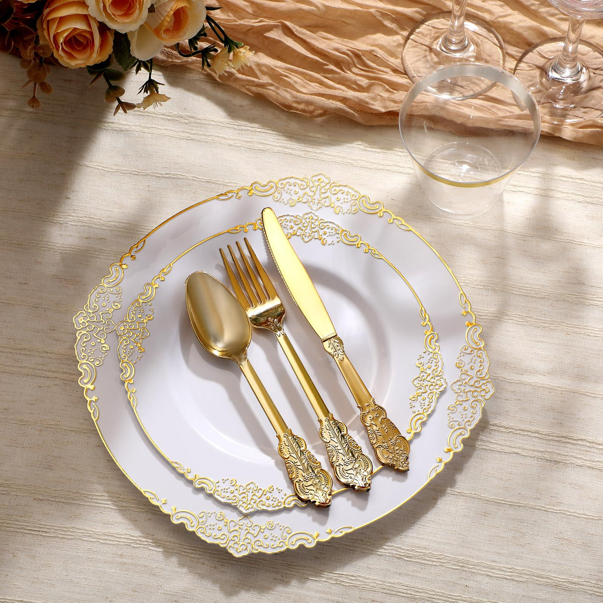 Heavy Duty Elegant Vintage Plastic Plates with Cutlery Set for Wedding, Bridal Shower, Anniversary
