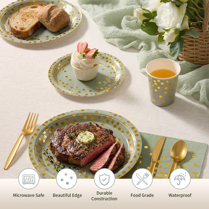 Gold Foil Polka Dot Disposable Party Paper Tableware Set for Birthday, Baby Shower, and Wedding