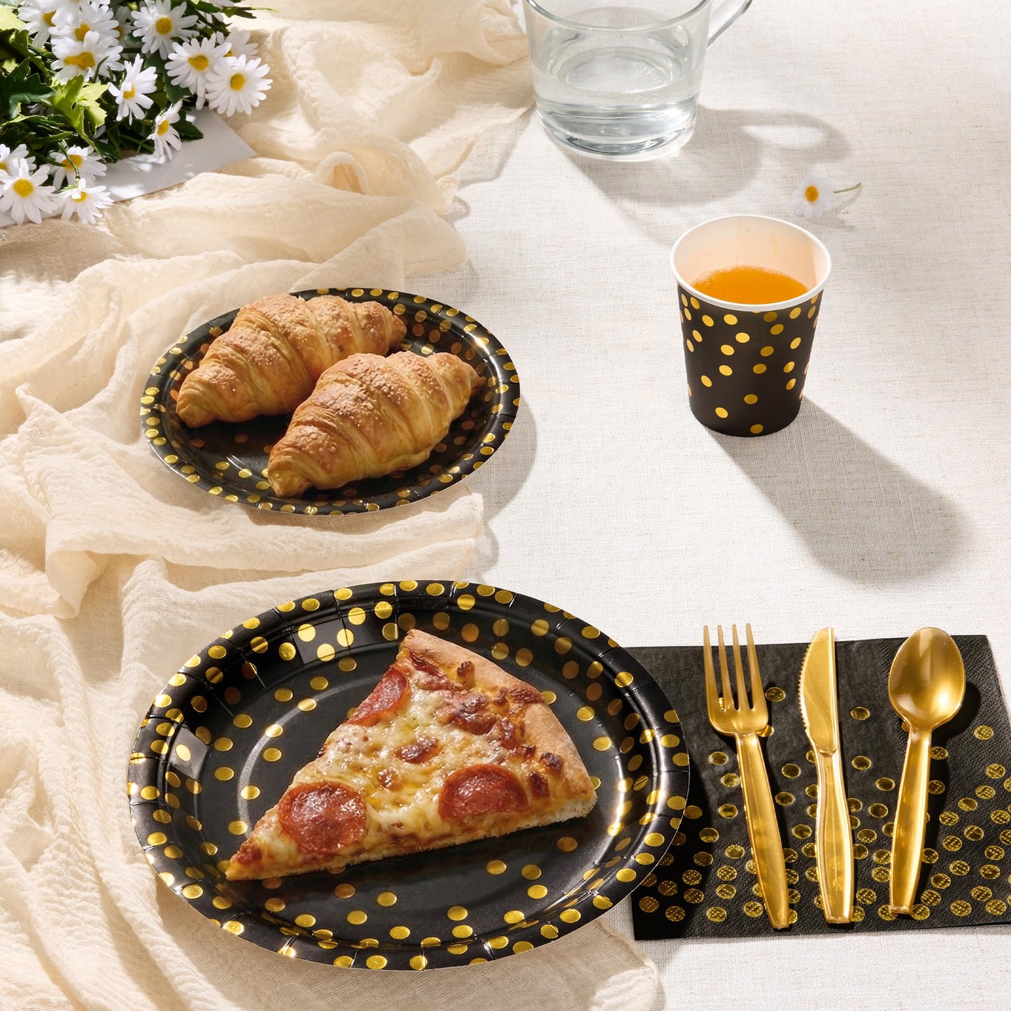 Gold Foil Polka Dot Disposable Party Paper Tableware Set for Birthday, Baby Shower, and Wedding