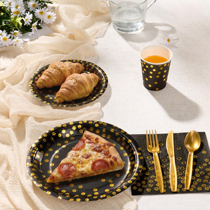 Gold Foil Polka Dot Disposable Party Paper Tableware Set for Birthday, Baby Shower, and Wedding
