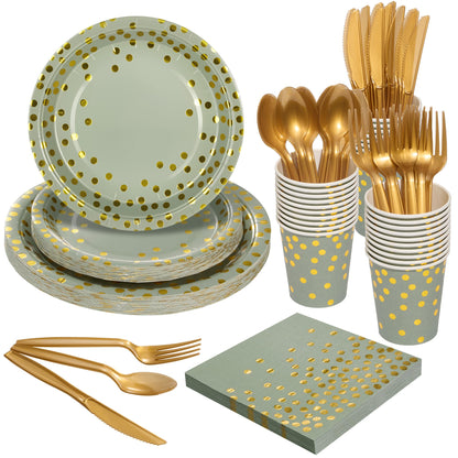Gold Foil Polka Dot Disposable Party Paper Tableware Set for Birthday, Baby Shower, and Wedding