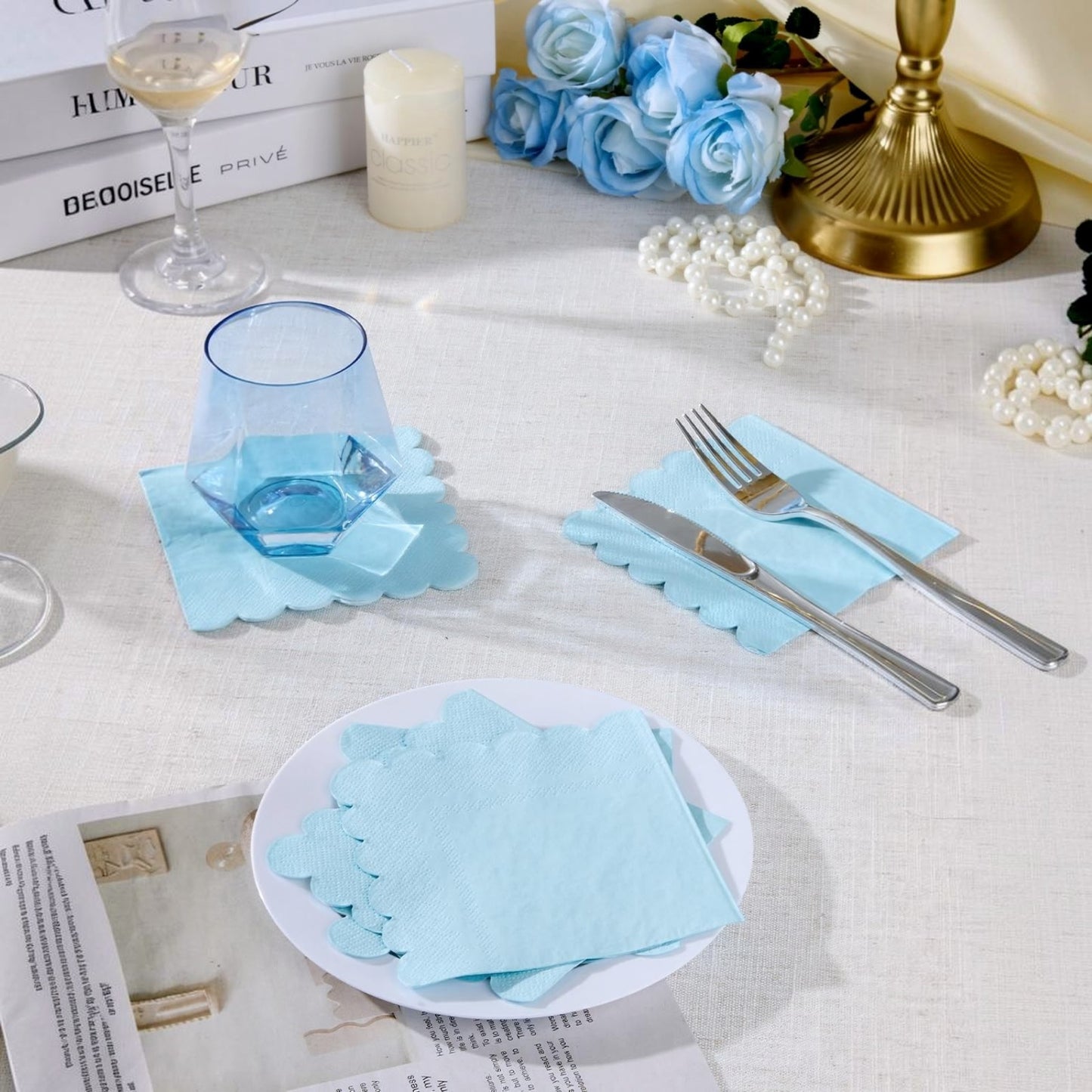 100-Pack 2-Ply 5 x 5 Inches Scalloped Disposable Napkins for Wedding, Birthday, Valentine's Day, and Baby Christening Party Decorations