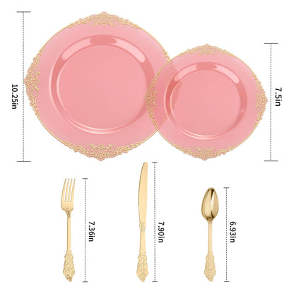 Heavy Duty Elegant Vintage Plastic Plates with Cutlery Set for Wedding, Bridal Shower, Anniversary