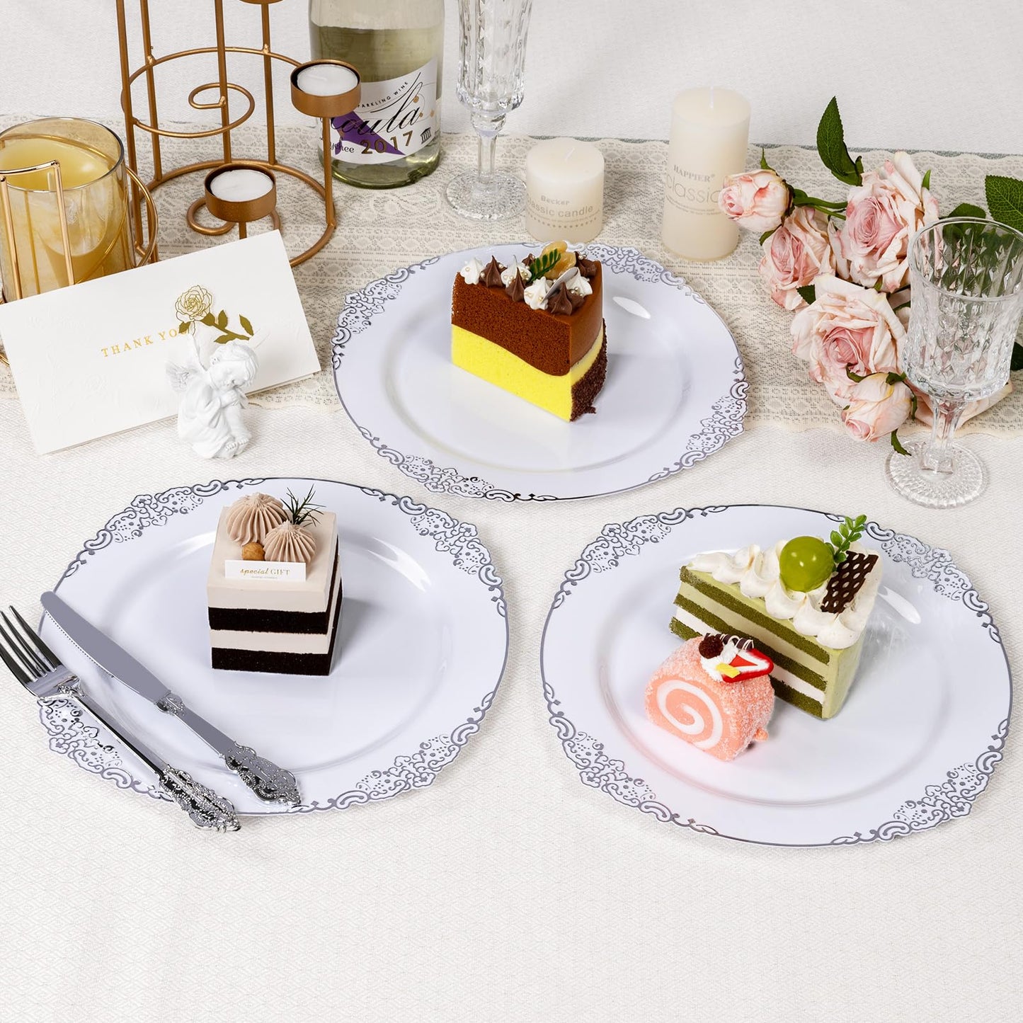 100PCS 10.25-inch Disposable Heavy Duty Vintage Plastic Plates for Wedding, Party, and Daily Use