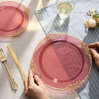 Heavy Duty Elegant Vintage Plastic Plates with Cutlery Set for Wedding, Bridal Shower, Anniversary