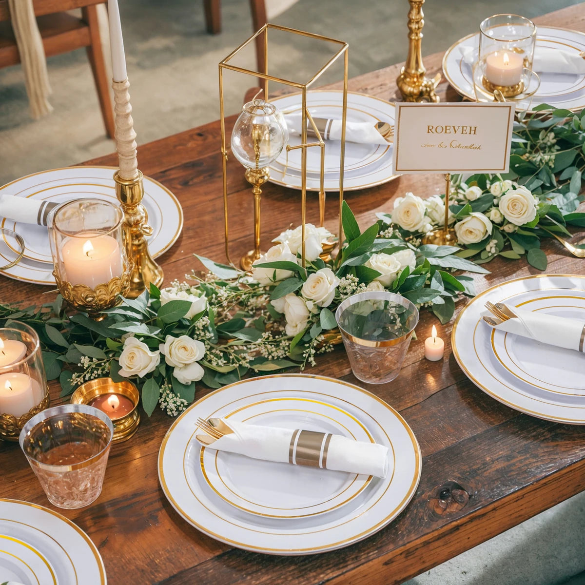 Goodluck Disposable White with Double Gold Rim Pre-Rolled Napkins Plastic Dinnerware Set