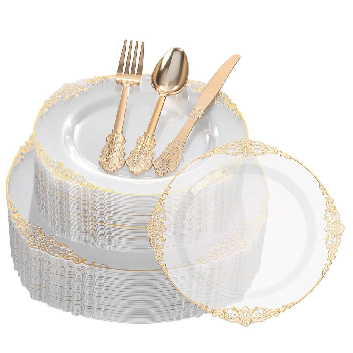 Heavy Duty Elegant Vintage Plastic Plates with Cutlery Set for Wedding, Bridal Shower, Anniversary