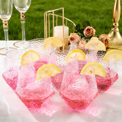 12 Oz Hammered Diamond Stemless Plastic Wine Glasses for Weddings, Birthday Parties, Family Gatherings, Bars