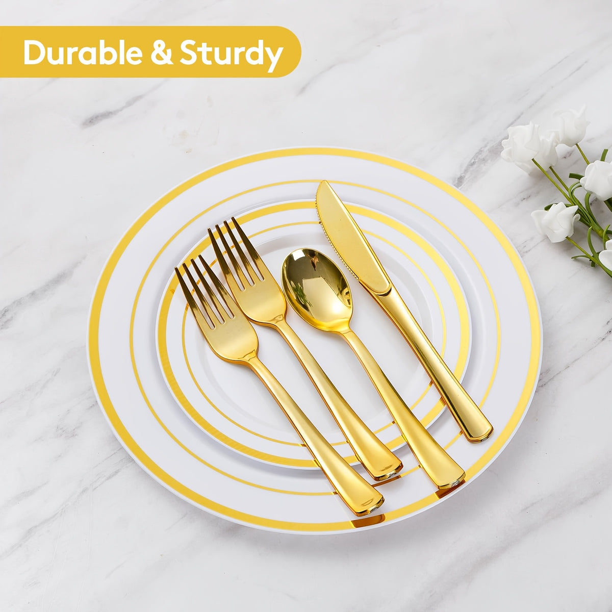 Disposable Plastic Plates for Parties and Weddings, Includes: Dinner Plates, Dessert Plates, and Sets of Gold Cutlery.