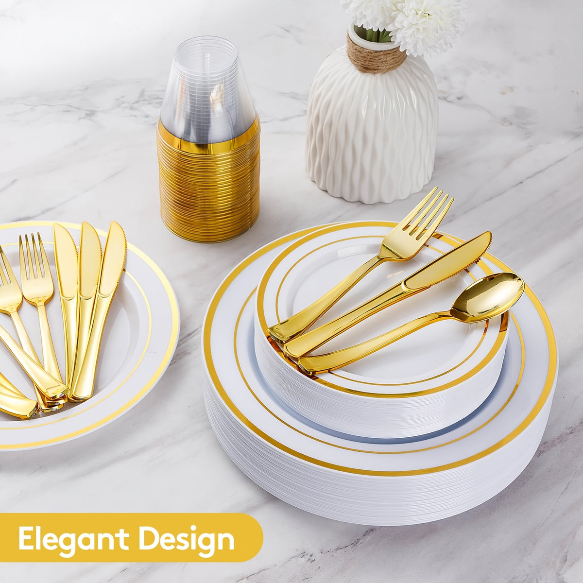 Disposable Plastic Plates for Parties and Weddings, Includes: Dinner Plates, Dessert Plates, and Sets of Gold Cutlery.