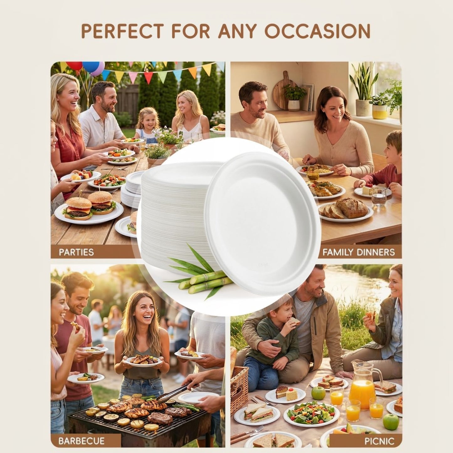 White 100% FSC Certified Heavy Duty Sugarcane Bulk Compostable Eco-Friendly Disposable Plates