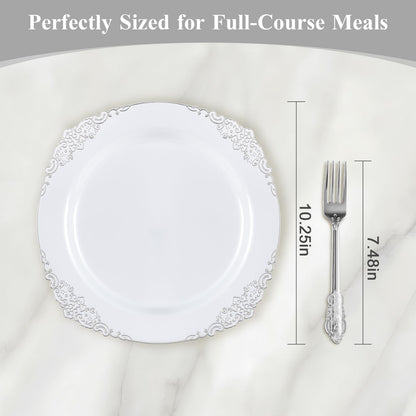 100PCS 10.25-inch Disposable Heavy Duty Vintage Plastic Plates for Wedding, Party, and Daily Use