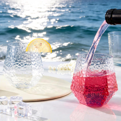 12 Oz Hammered Diamond Stemless Plastic Wine Glasses for Weddings, Birthday Parties, Family Gatherings, Bars